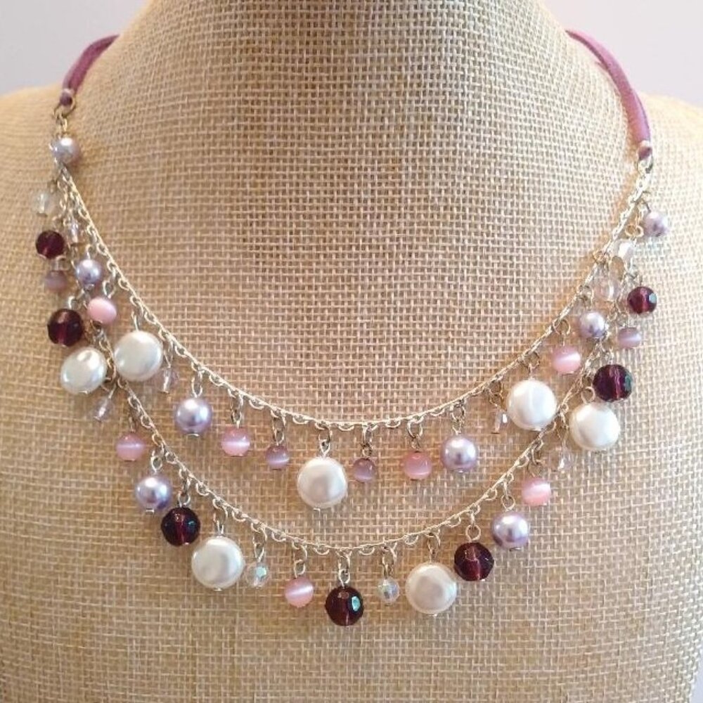 Vintage Avon Double Strand Silver Tone Mauve Suade Necklace with Dangling Beads